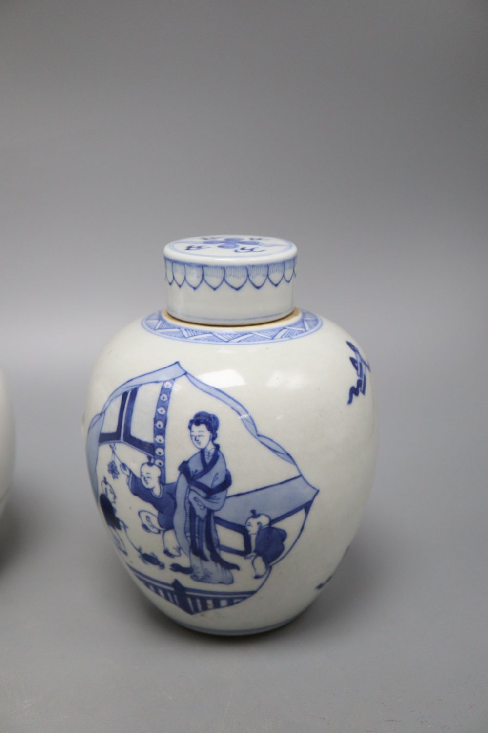 A Chinese blue and white ginger jar and a pair of jars, height 17cm